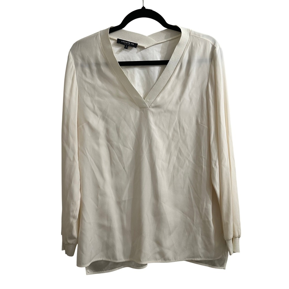 Lafayette 148 New York Cream Silk V-Neck‎ Blouse Knit Trim Size M